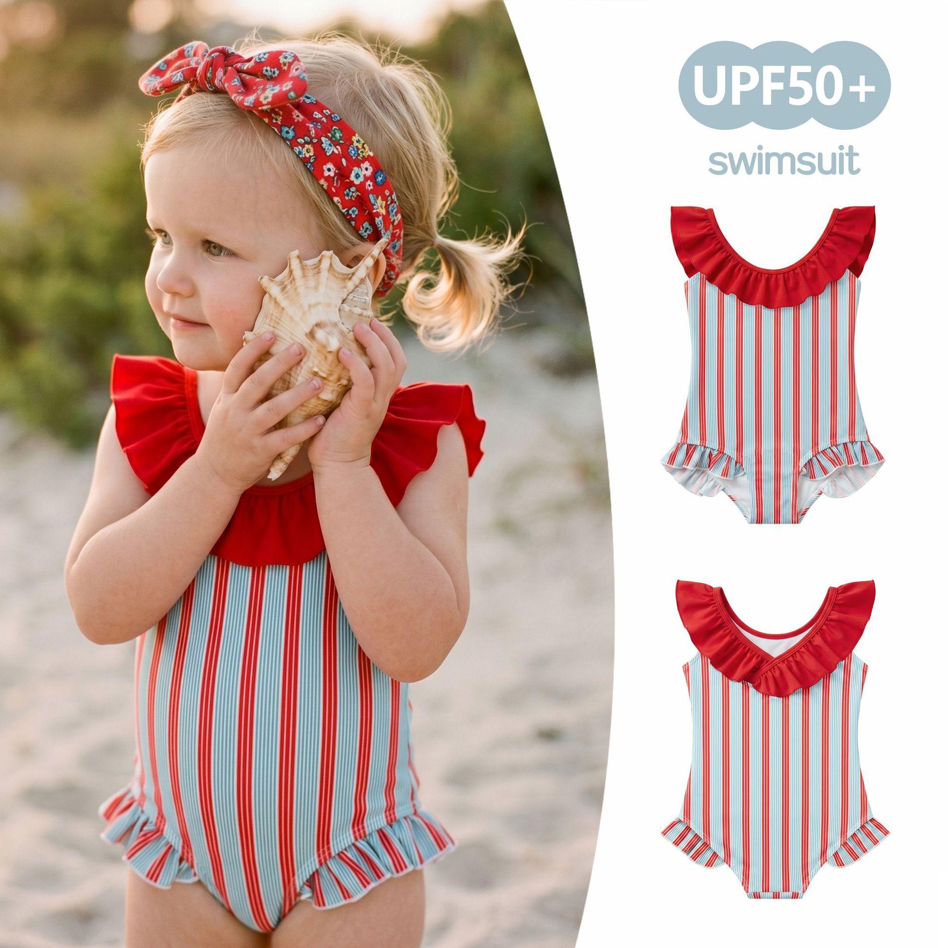 Girls' summer new style ins-style striped baby swimsuit, quick-dry one-piece lace children's swimsuit