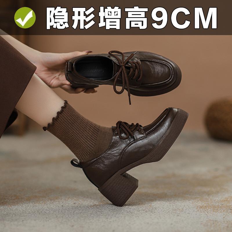 9cm Height-Increasing Women's Shoes, British Style Lace-Up Leather Shoes, Platform Thick-Soled Loafers, Chunky High-Heeled Single Shoes for Women
