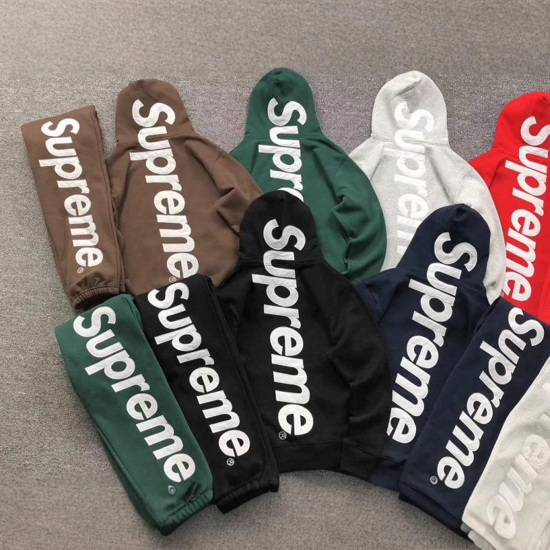 25Fw Supremebig Logo Printed Fleece-Lined Heavyweight Hooded Sweatshirt for Men, Popular Autumn and Winter Style, Solid Color