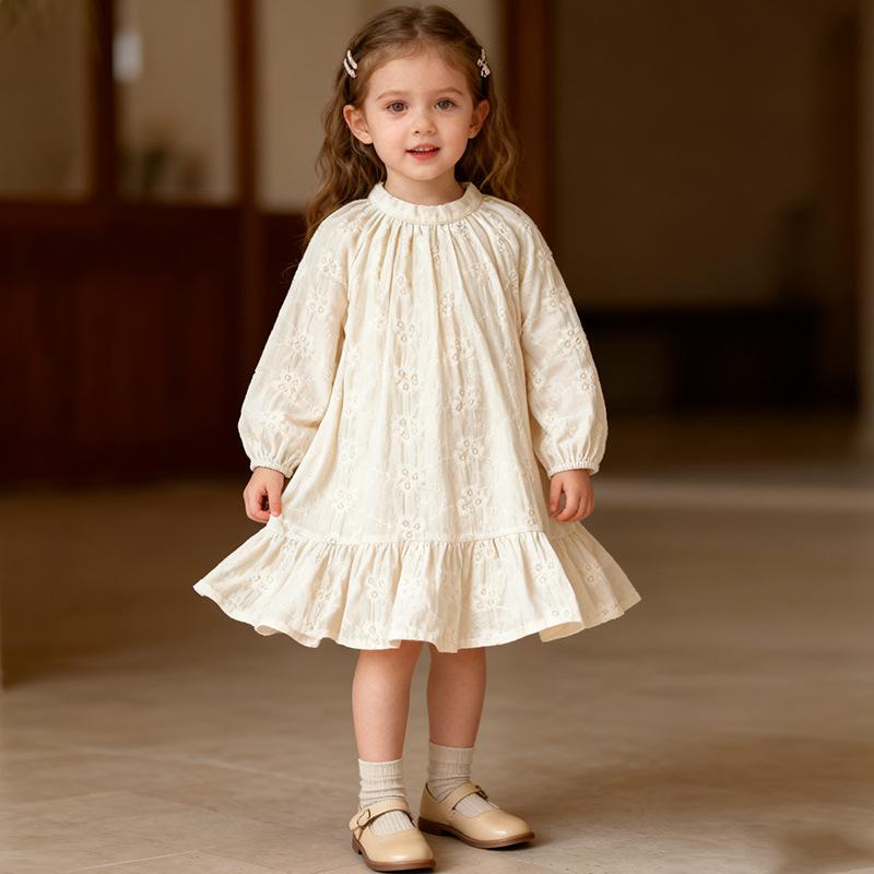 Girls Dress Korean Style Spring and Autum New Pure Color Long-Sleeved Baby Girl Embroidered Skirt Kidsren's Princess Dress Kidsren's Clothing