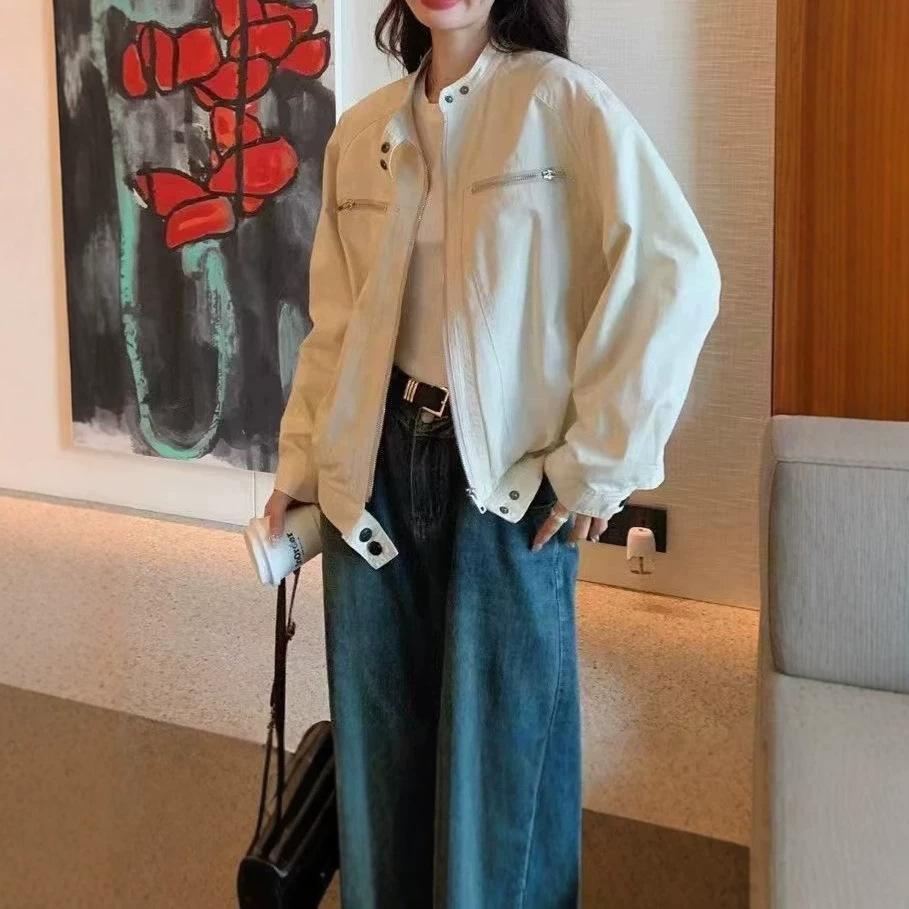 American retro stand-up collar work jacket for women, new spring and autumn style, casual loose-fitting work jacket, sports coat