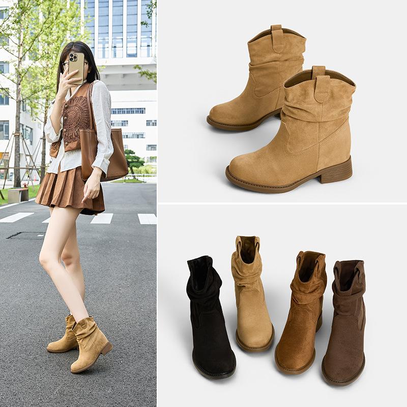 6/8CM inner height increasing short boots for women, 2026 autumn/winter trendy Western-style Melard pleated boots 28001