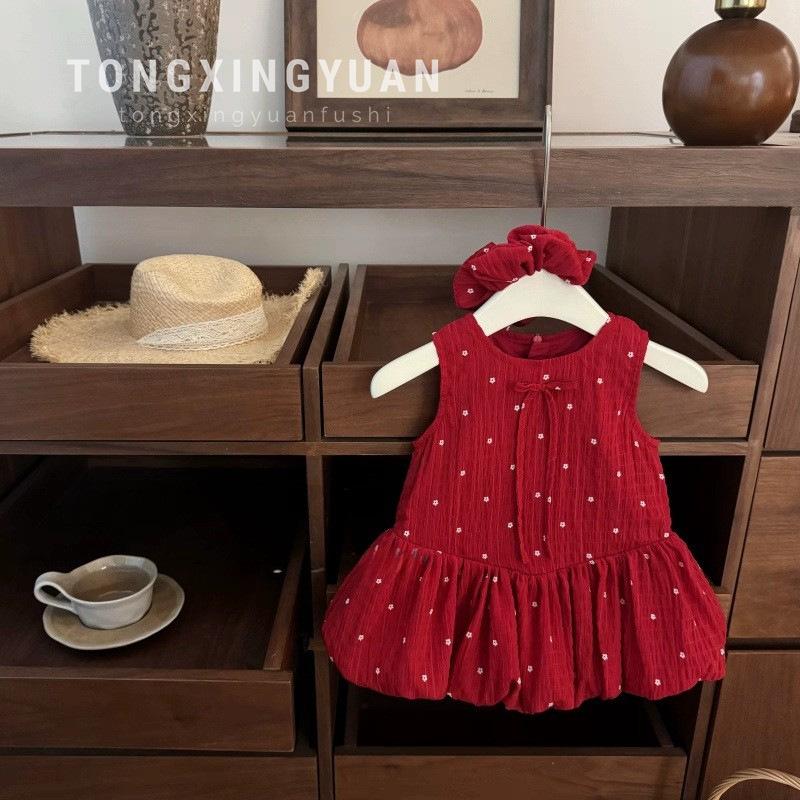Free Headband Summer New Baby Girl Sweet Red Cute Dress Birthday Bud Princess Dress Vest Skirt