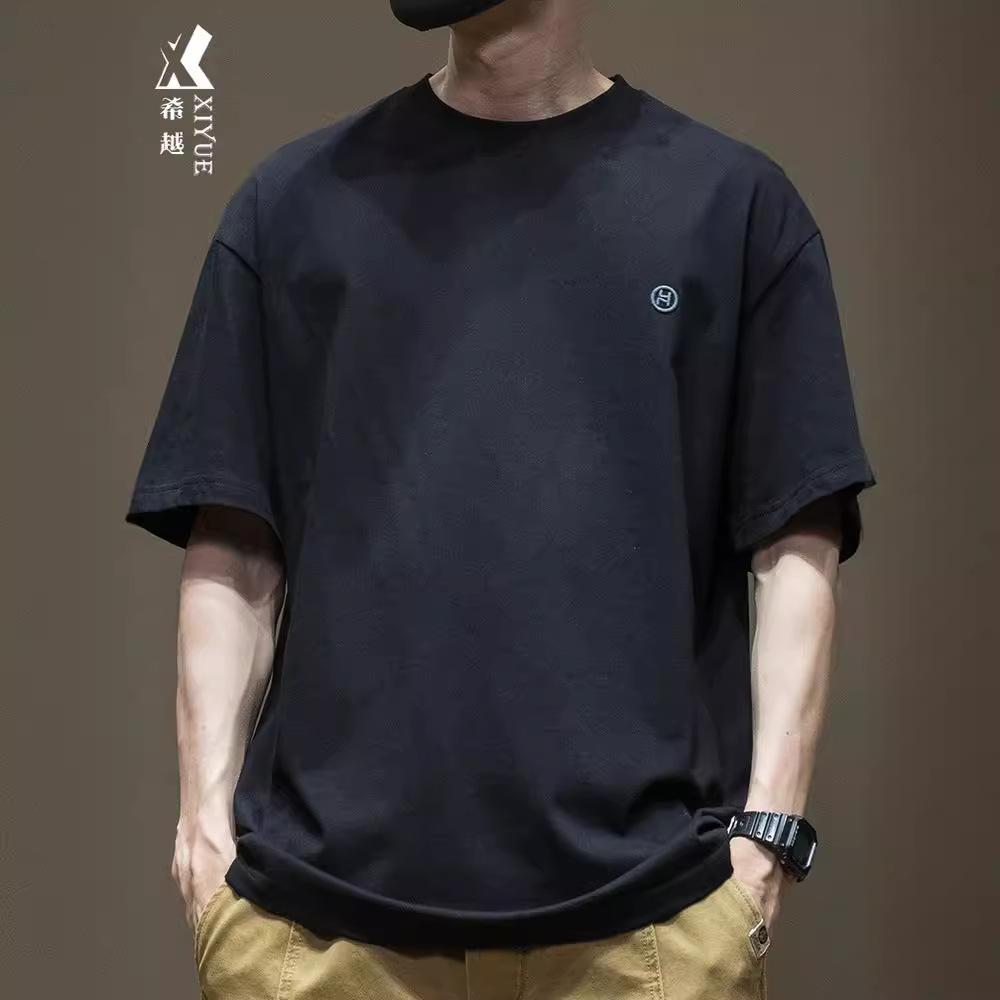Trend 280g heavy cotton short sleeve T-shirt men's 2025 new summer embroidery loose plus size men's half sleeve shirt