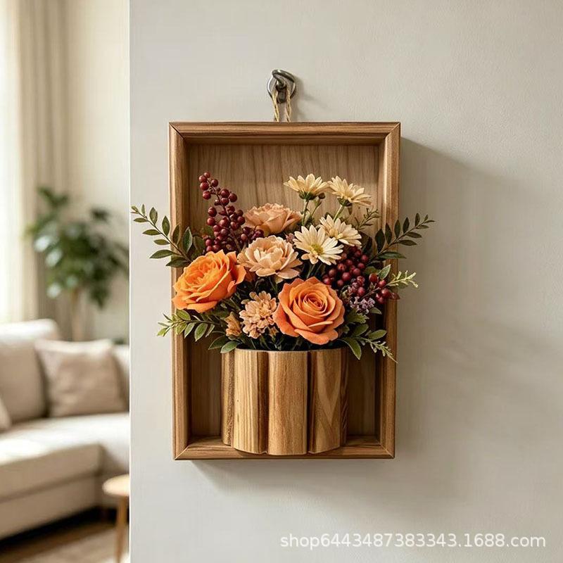 Natural Wood Wall Art Decoration, Wall-Mounted Flower Arrangement, Artificial Flowers and Green Plants, Wall Hanging Ornaments, Living Room Wall Decor, Cover-Up Wall Hangings