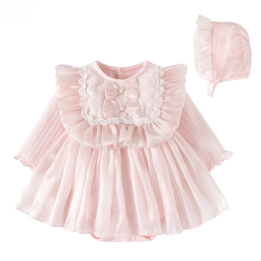 Newborn Clothes Long-Sleeved A-Class Princess Style Sweet Dress Baby Girl Triangle Bow Mesh Skirt Children's Clothing