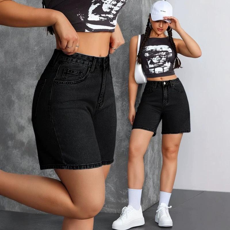 2026 Summer European and American High-Waisted Black Denim Shorts for Hot Girls, Fashionable Women's Stretch Slim-Fit Straight-Leg Shorts