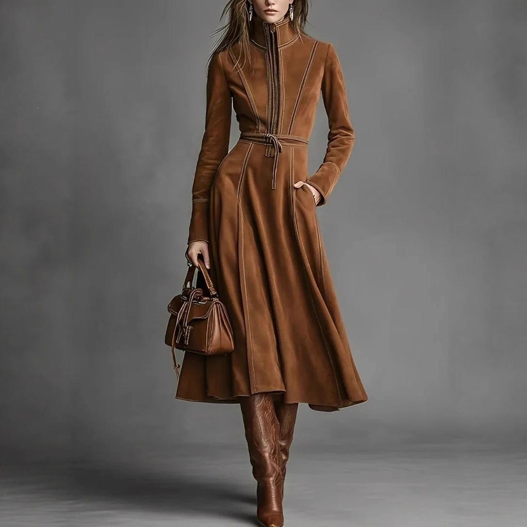 2026 Cross-Border Foreign Trade Independent Station Autumn/Winter Elegant Retro Suede Zipper Long Dress with Waist Tie