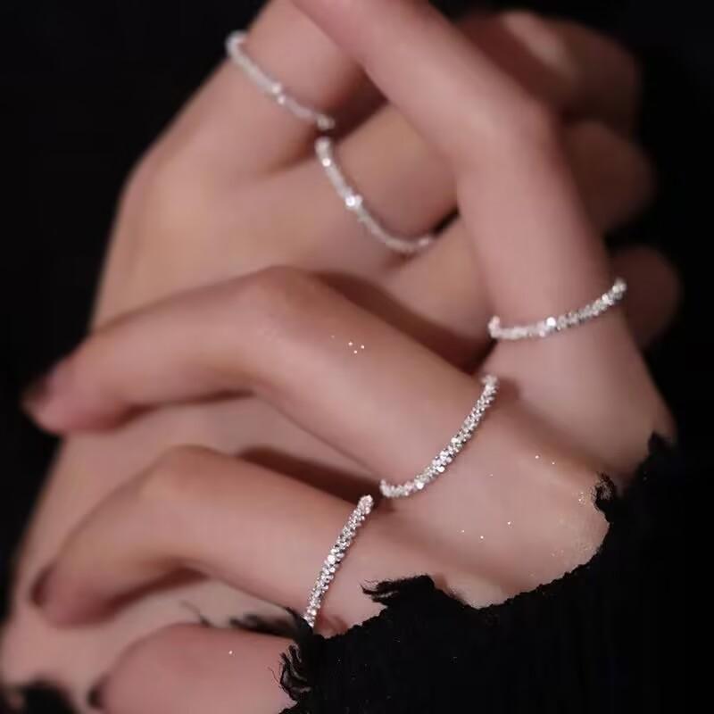 South Korea sparkling silver ring female starry ring new niche plain ring ins disco jumping index finger ring