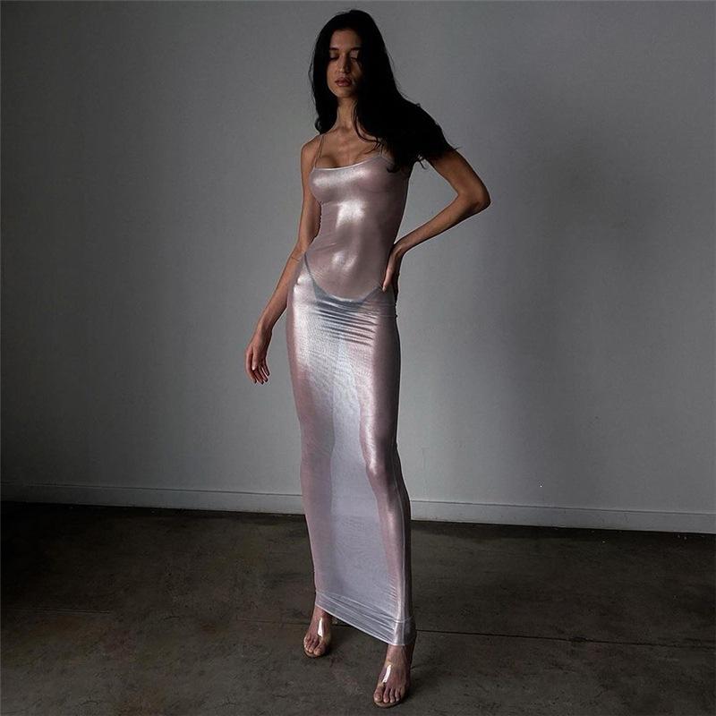 European and American Style Slim-Fit 2024 New Hot Girl See-Through Spring/Summer Nightclub Fashion Women's Clothing with Silver Foil Sexy Spaghetti Strap Dress