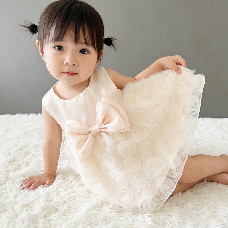 Summer Children's Clothing Rose Dress Birthday Children's Dress Princess Dress One-Year-Old Baby Girl Sleeveless Dress with Crotchless Design