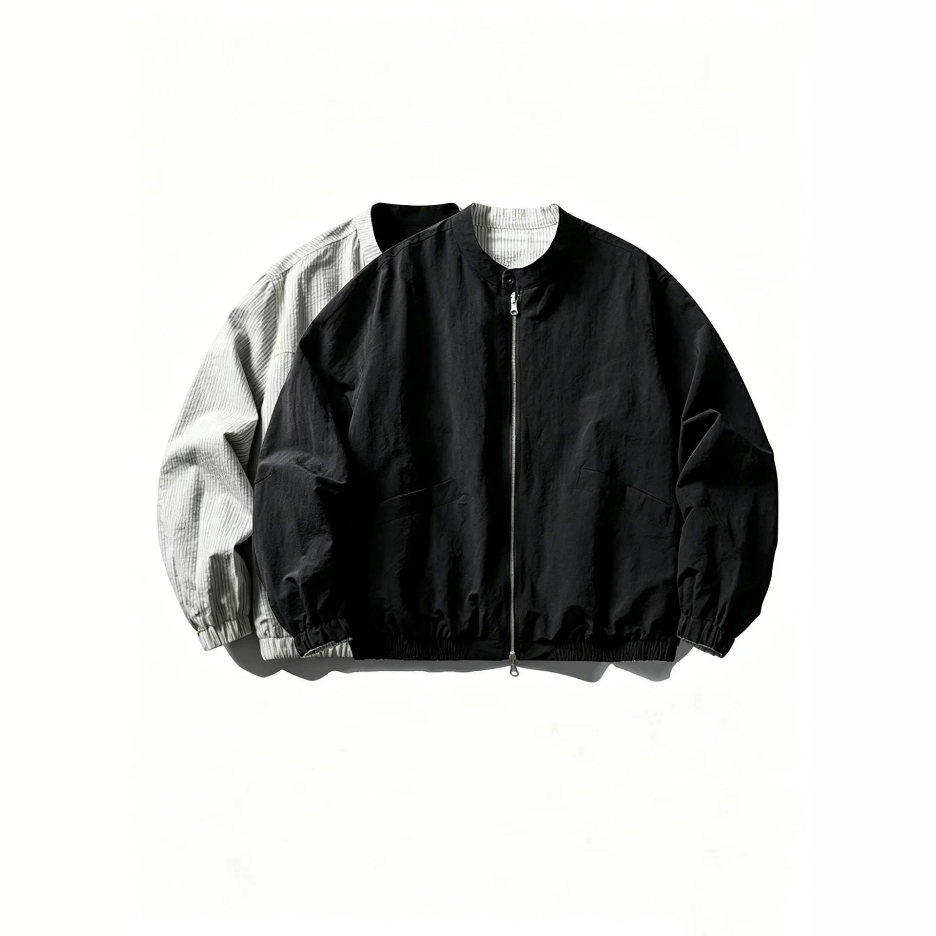 Japanese-style reversible collarless baseball jacket for men, made of nylon, with a loose, oversized fit, perfect for layering in spring and autumn
