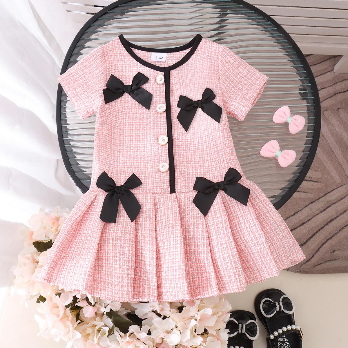 Baby Girls Clothes 0-3Y Baby Girl Summer Short Sleeve Little Chanel Style Three-Dimensional Bow Dress In Stock