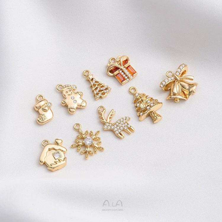 Color Preservation 14K Pack Gold Snowflake Snowman Bells Gift Box Reindeer Christmas Tree Series Pendant Handmade DIY Jewelry Pendant