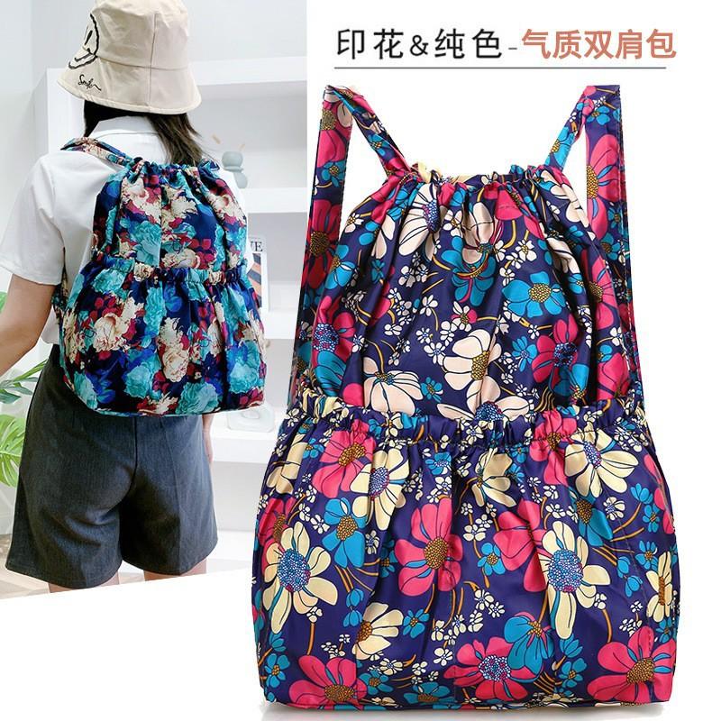 Ultra-light floral drawstring backpack for women, casual large-capacity fabric backpack, foldable shopping bag