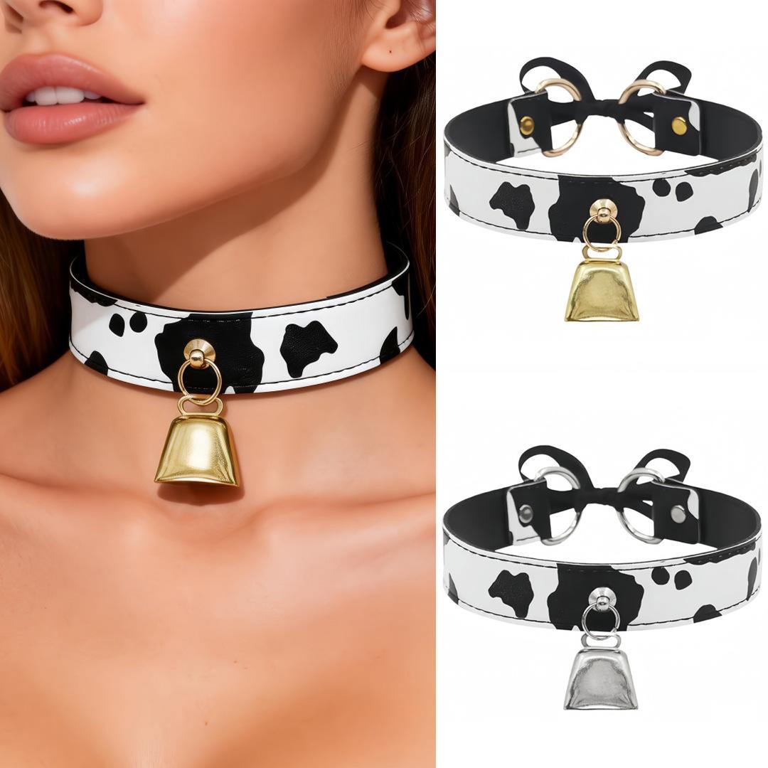 European and American Fashion Exaggerated Soft Girl Sweet Bow Cow Print Choker Neckband Sexy Big Bell Pu Leather Necklace