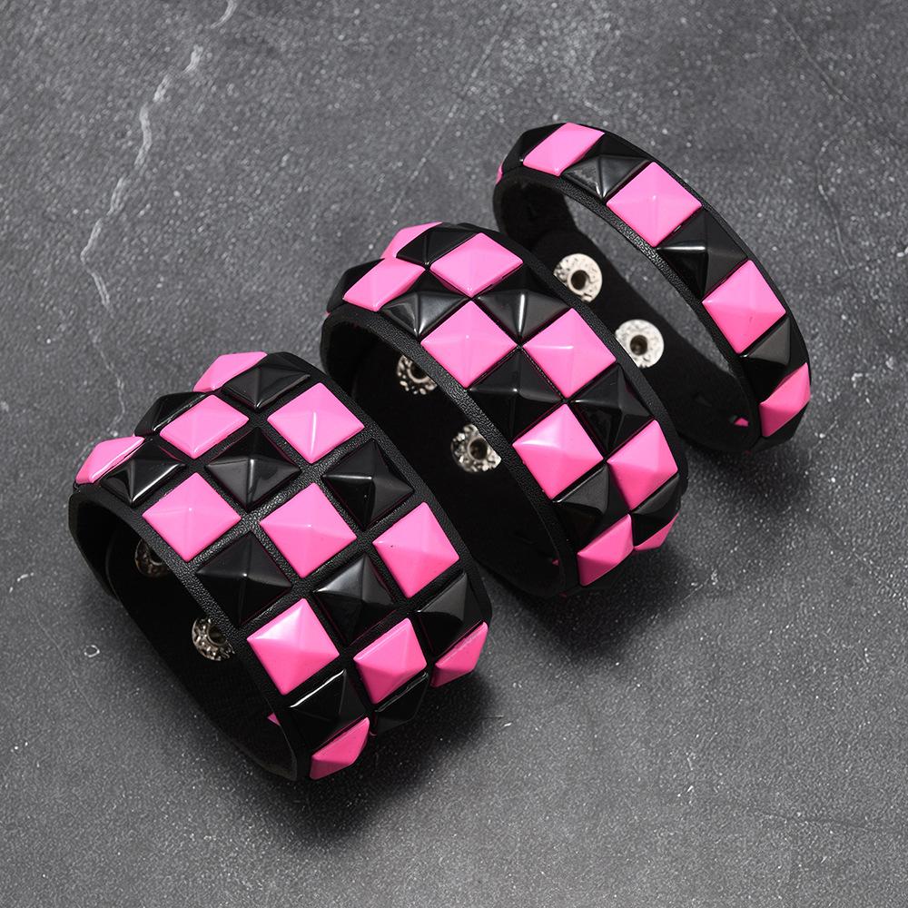 In-Stock Colorful Square Rivet Wide Leather Bracelet Punk Style, Multiple Colors Available, Trendy Cool Bracelet for Men and Women, Wholesale Export Supply