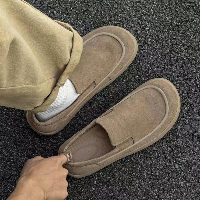 2026 Spring and Autumn New Thick-Soled Elastic Slip-On Loafers for Men, Yellow Retro Suede British Style Birkenstock Shoes