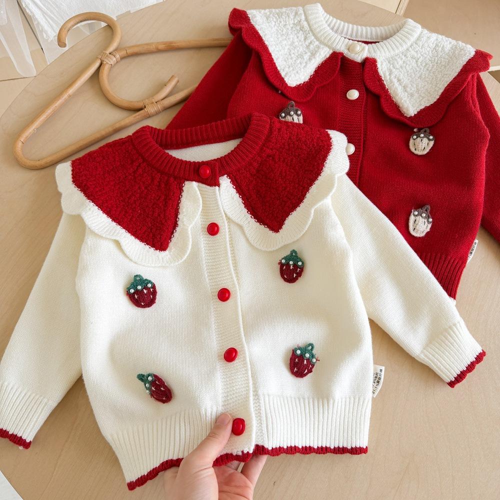 Children's Sweet Baby Strawberry Sweater Autumn Infant Knit Cardigan Spring and Autumn Large Collar Girls' Coat Wholesale
