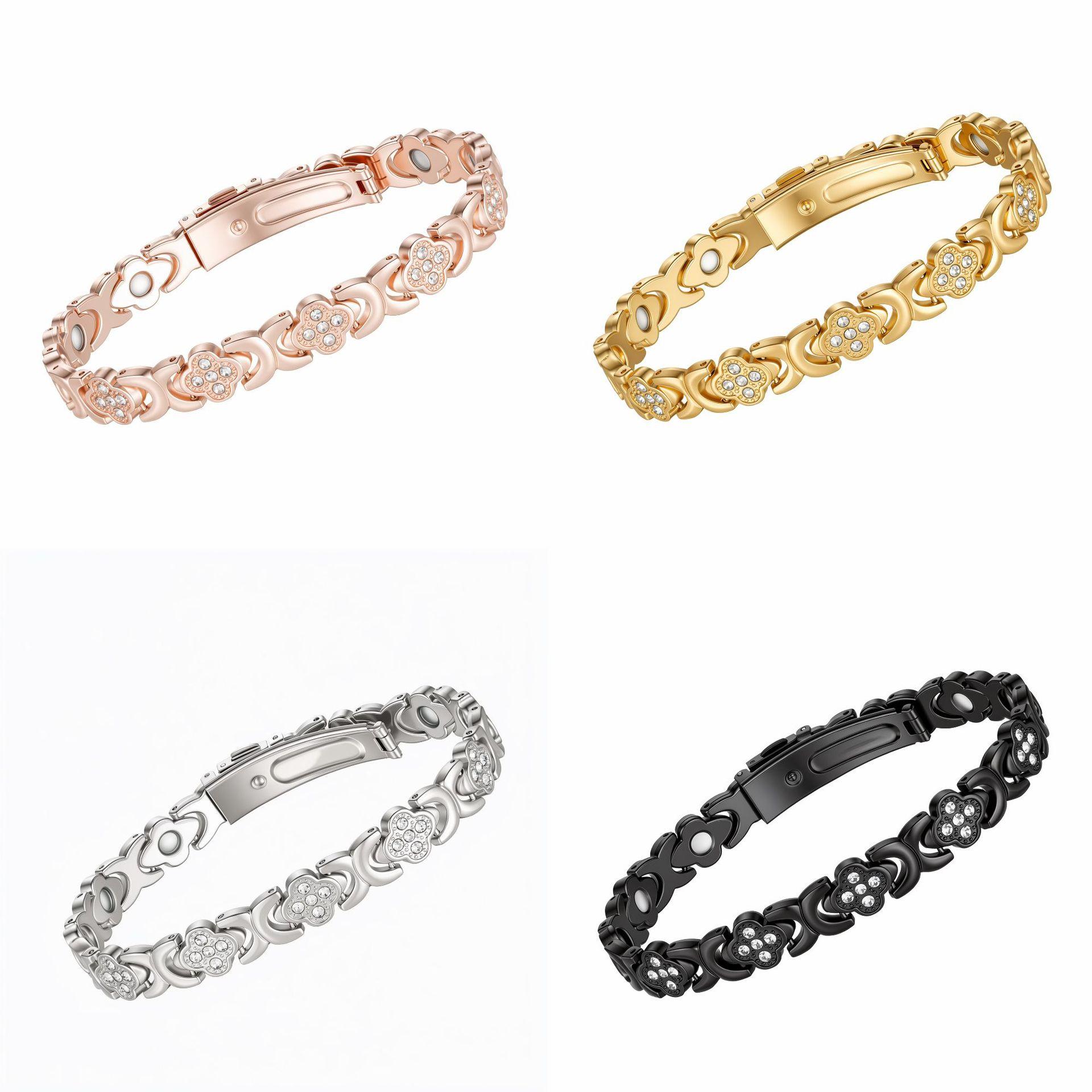 New cross-border fashion four-leaf clover bracelet with red copper strap buckle, rose gold bracelet, lucky clover bracelet, magnetic jewelry