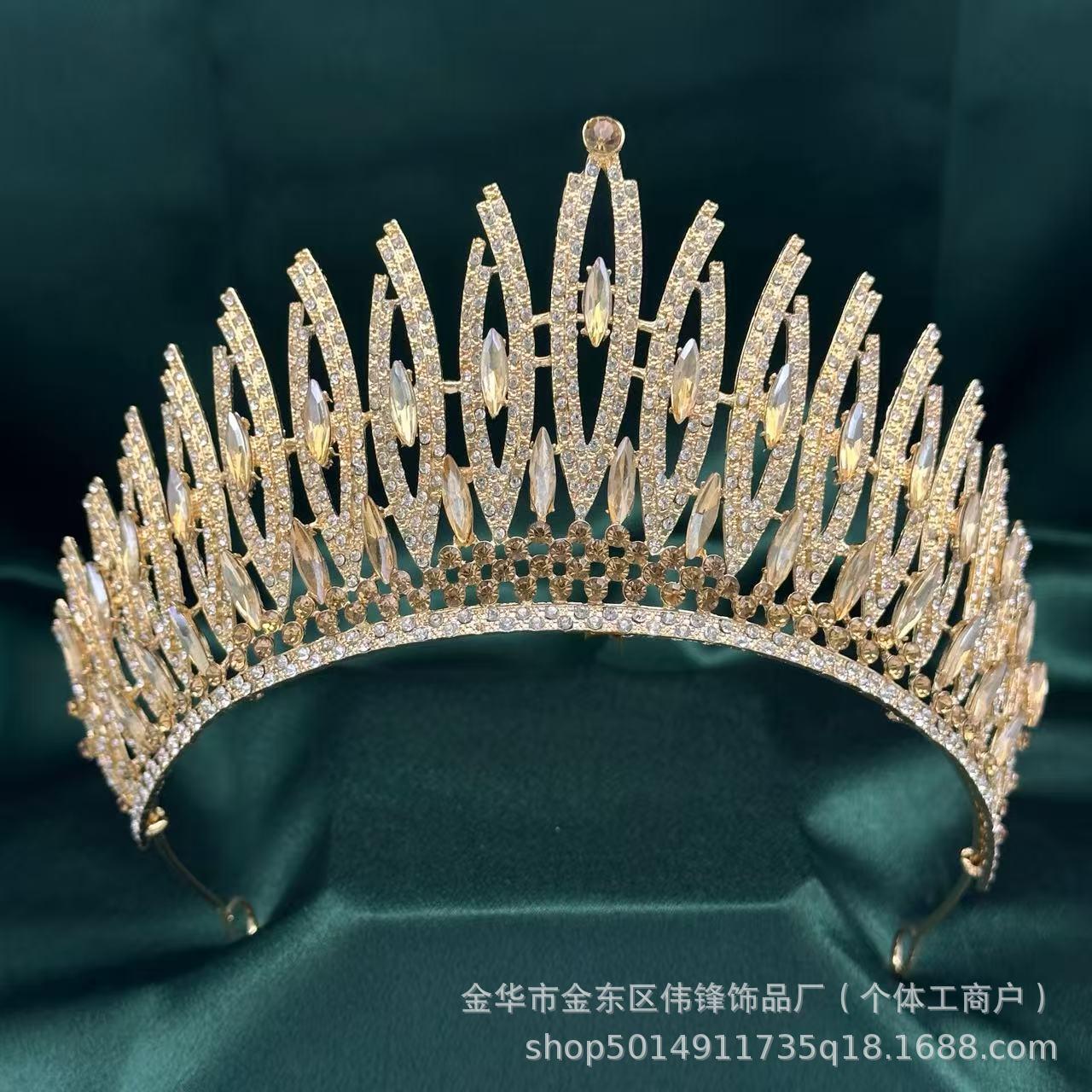 European and American Style Elegant Bridal Crown, Women's Queen Crown, Handmade Diamond-Encrusted Crystal Rhinestone Wedding Gold Crown