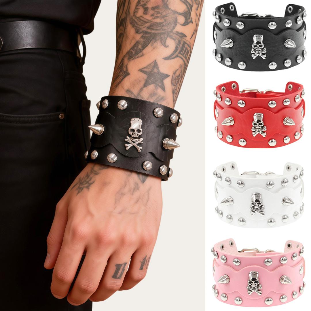 Eco-Friendly Pu Leather European and American Fashion Gothic Style Skull Punk Rivet Retro Couple Bracelet Couple Wristband Bangle