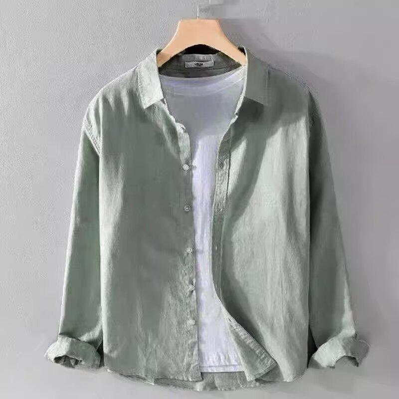 Linen Square Collar All-match Long-sleeved Shirt Men's Loose Shirt Youth Business Casual Solid Color Top Jacket