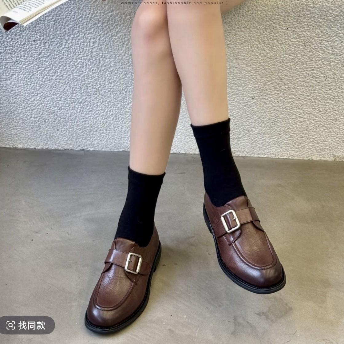 7CM Height-Increasing British Style Round-Toe Loafers for Women, Soft Sole, Versatile for Commuting, Slip-On Retro Leather Shoes