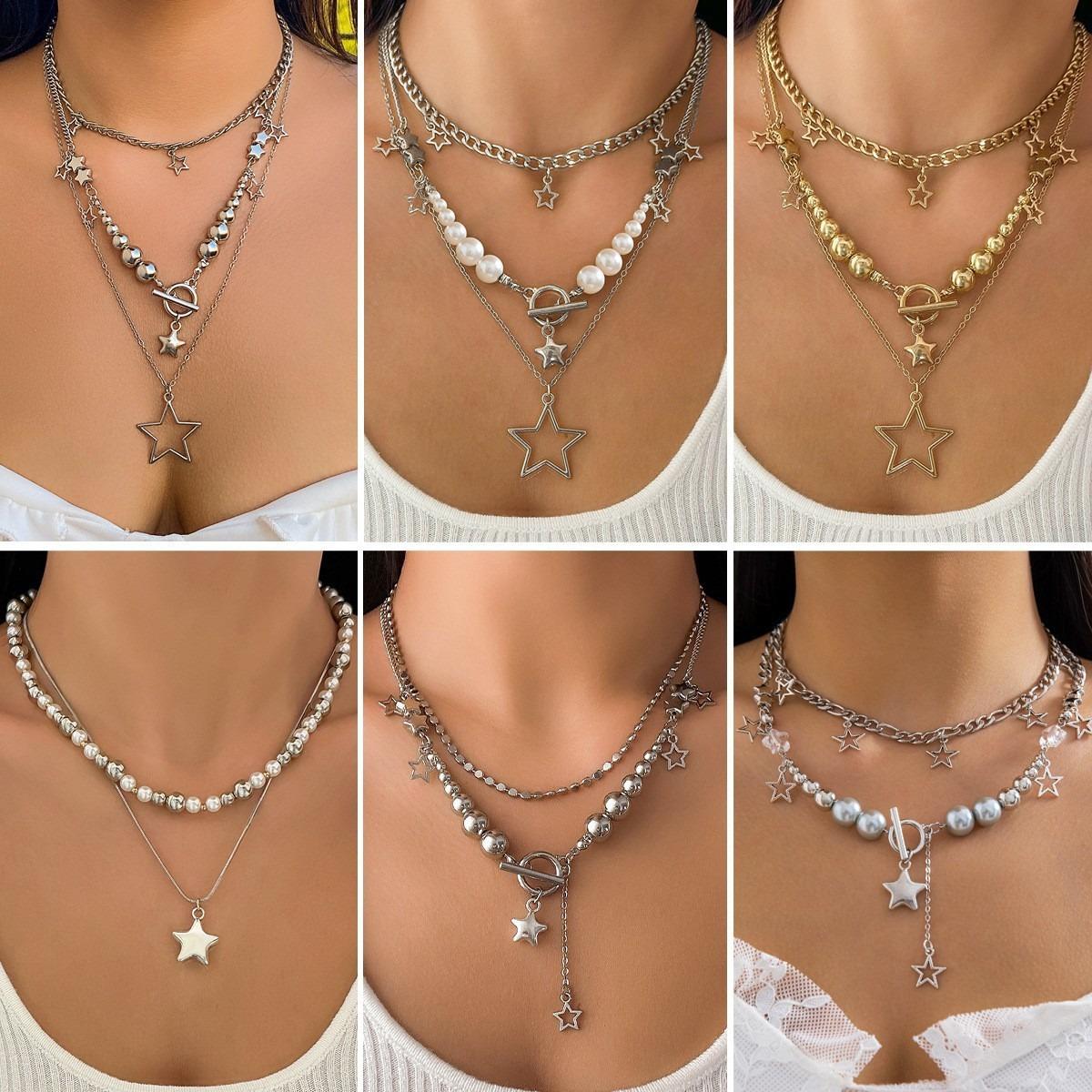 European and American Cross-Border Jewelry, Baroque Five-Pointed Star Pendant Necklace, Personalized Creative Stacking Style Multi-Layer Necklace for Women