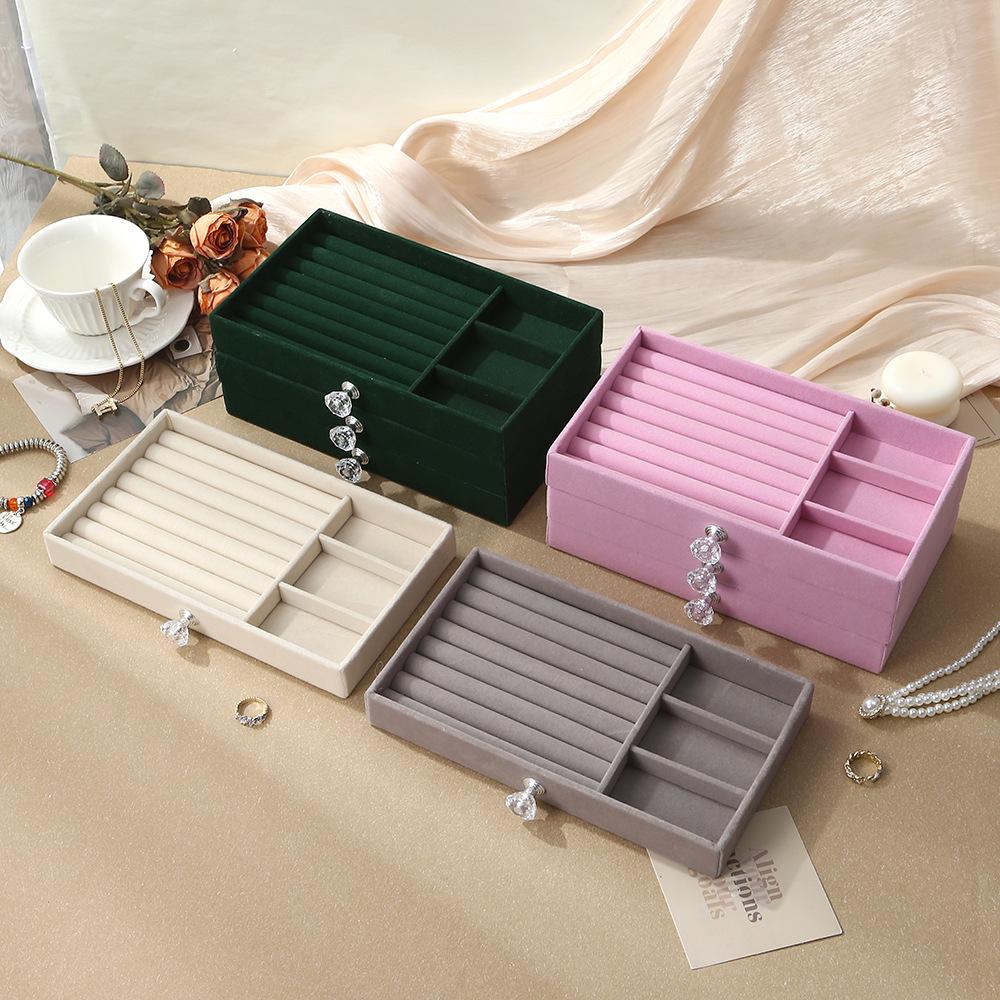 Cross-border three-layer velvet jewelry storage box with acrylic transparent cover, jewelry ring box, velvet jewelry display box