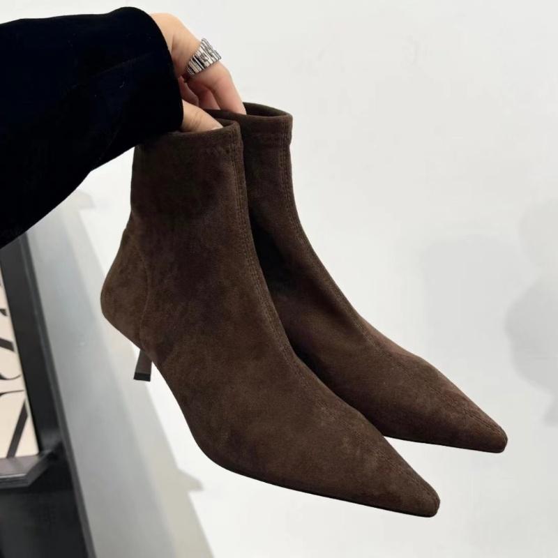 Sheepskin Version 2026 Autumn and Winter Slip-On Stretchy Slim Boots Kitten Heel Pointed Toe Suede Short Boots Women's Slim Boots