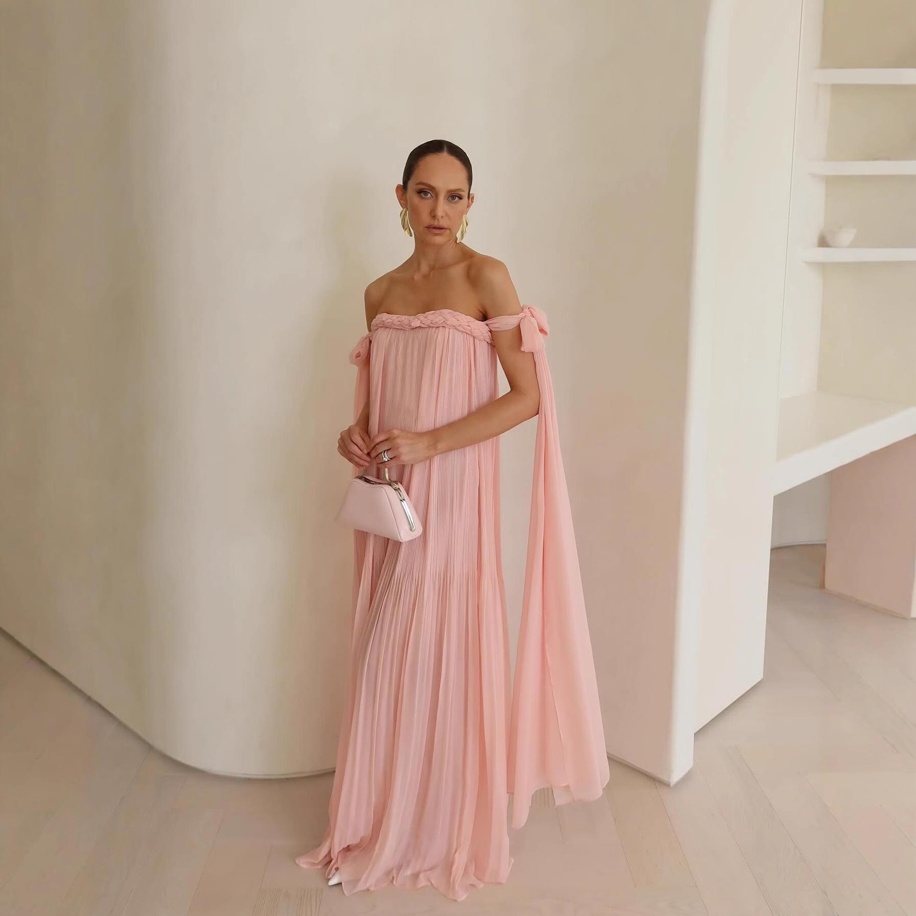 European and American Women's Clothing, Sexy Off-The-Shoulder Solid Color Dress, Loose Long Dress