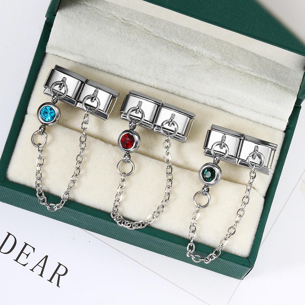 Double Hook Style 12 Birthstone Italian Modular Bracelet Creative DIY Elastic Splicing Stainless Steel Watch Band Chain