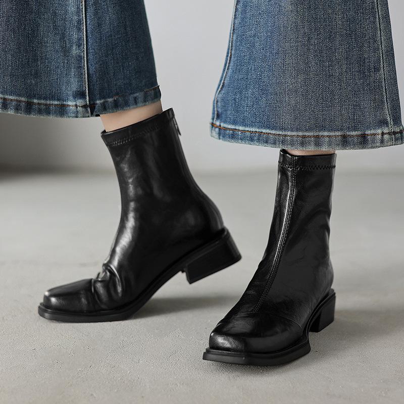 Soft Cowhide ~ Chelsea Boots Short Boots Women's Genuine Leather Square Toe Boots Women's Black Flats Slim Boots Fashion Boots
