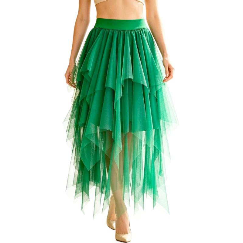 Cross-Border Spring and Summer Irregular Mesh Skirt for Women, Mid-Length, High-Waisted, Slimming, Fairy-Like Puffy Skirt, Cake Skirt, Versatile
