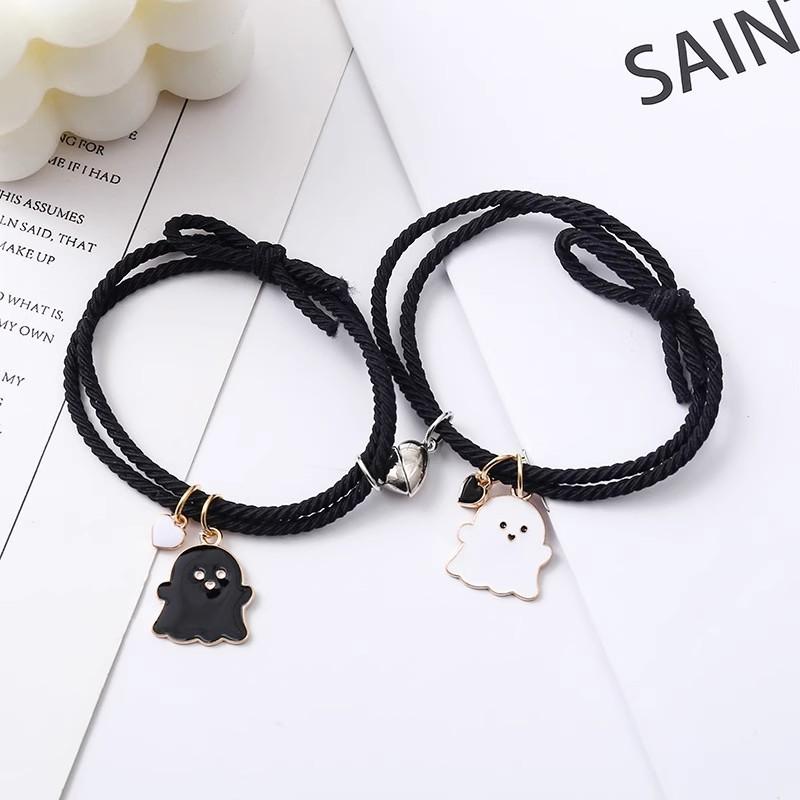 Black and White Ghost Bracelet Hair Rope Dual-Purpose Couple Rubber Band Pair for Boyfriend Heart Magnet Attraction Hand Rope Head Rope