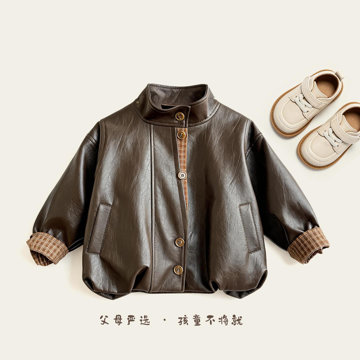 2026 Spring/Autumn New Collection: Boys' Plaid Patchwork Jacket with Stylish Placket Design, Retro Old Money Style Leather Jacket for Kids and Babies