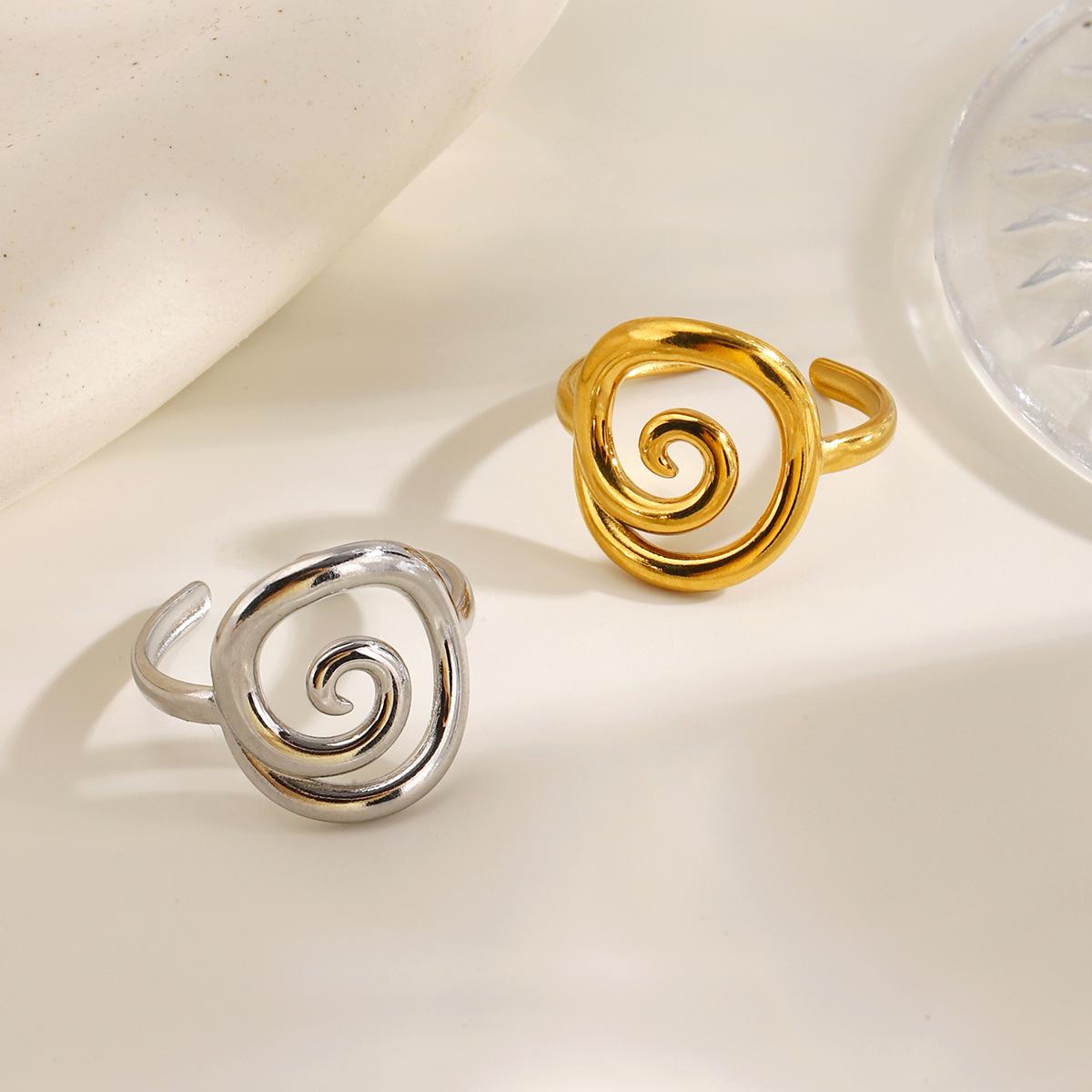 European and American New Fashion Light Luxury Stainless Steel Threaded Ring Gold Open Circular Swirl Ring Cross-Border Wholesale for Women