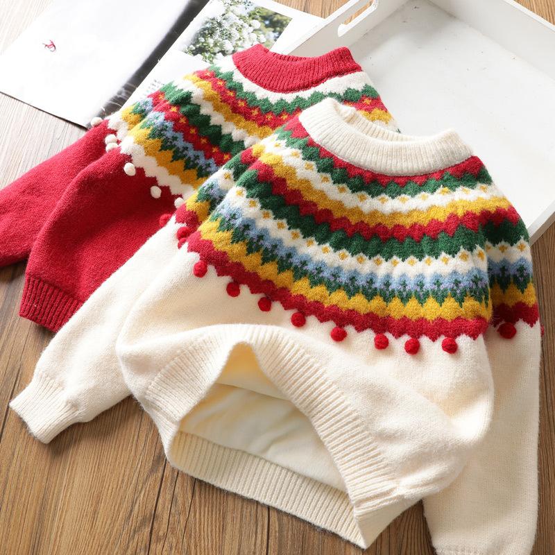 Christmas and New Year Sweater Girls Retro Plush Sweater Autumn and Winter New Children's Baby Thickened Jacquard Sweater