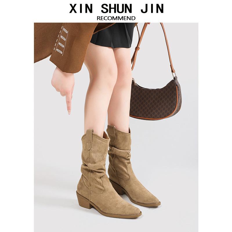 Pointed Toe Slim Short Boots Martin Boots for Women 2025 New Autumn and Winter Retro Thick Heel Knight Boots Pleated Western Boots