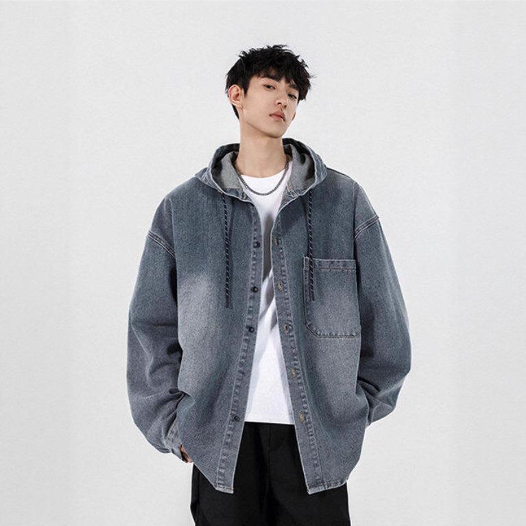 Spring and Autumn American Retro Jacket Men's Casual Hooded Denim Jacket Korean Style Loose Couple Long Sleeve Jacket Top