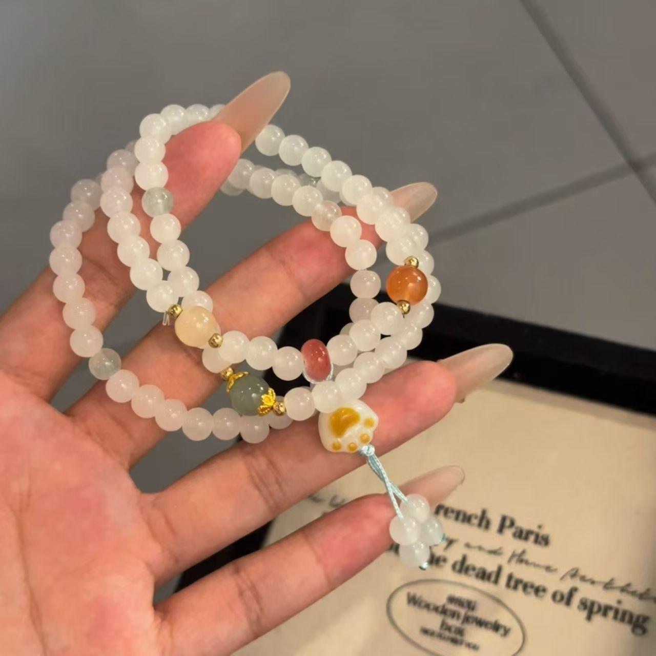 New Chinese Style Three-Circle Tianshan Green Bracelet Women's Cat Claw Lotus Pendant Bracelet Simple Niche Fresh Bracelet