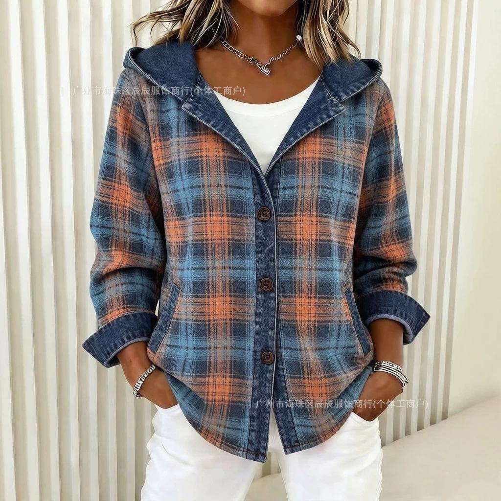 European and American women's clothing, washed denim, colorful plaid button design, hooded jacket, shirt, checkerboard denim coat