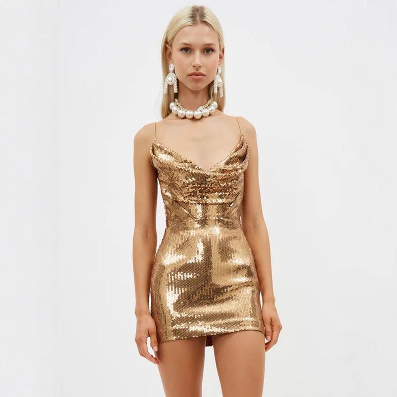 European and American Cross-border Sexy Hot Girl Golden V-neck Strap Backless Short Skirt Beaded Dress Nightclub Hot Skirt