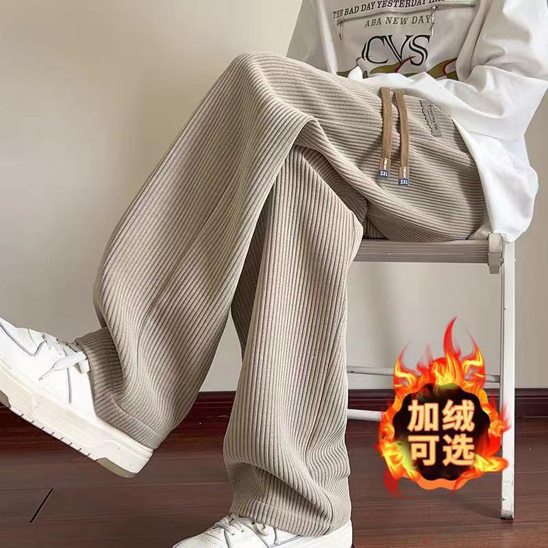 Corduroy Pants Men's Maillard Autumn and Winter fleece-lined Warm Dipping Straight Casual Loose Wide-leg Pants Men's