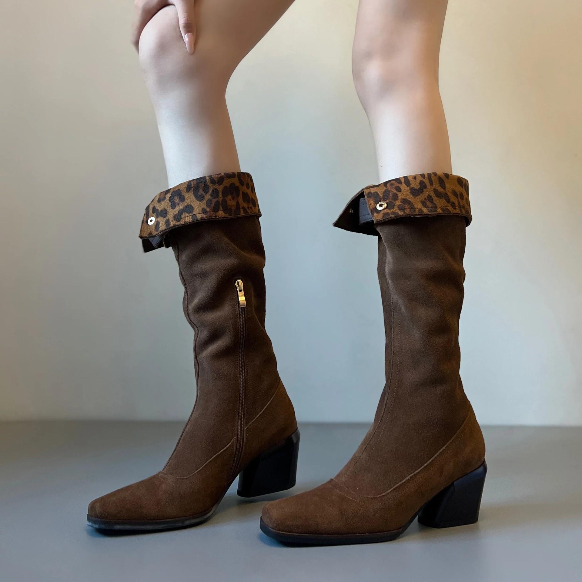 Brown Western Boots for Women 2026 New Model, Wasteland Style Chunky Heel Slouchy Boots, Over-the-Knee Two-Way Wear Long Boots