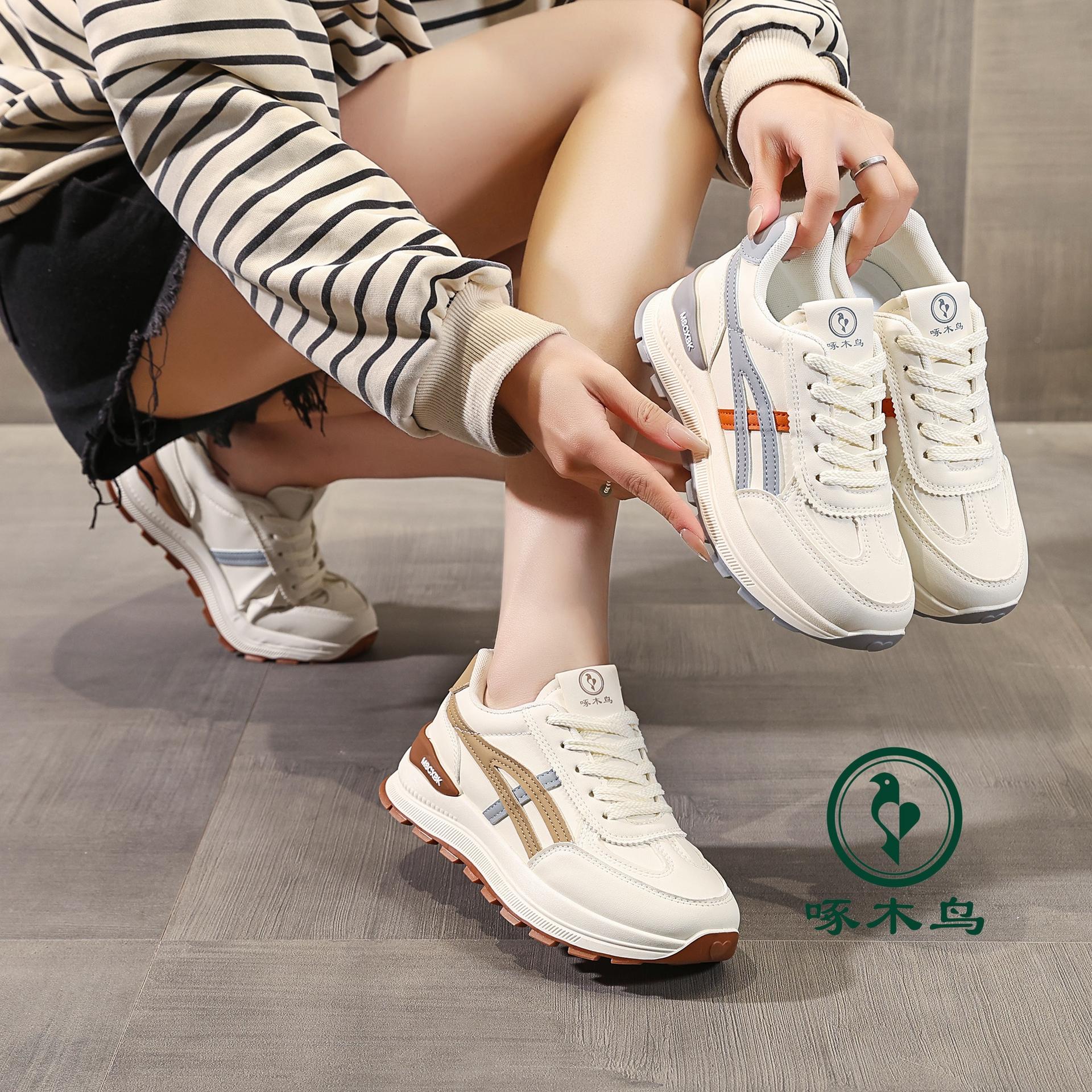 Woodpecker Versatile Thick-Soled Casual Shoes for Women 2024 New Model White Sneakers Dad Shoes Gray Single Lining