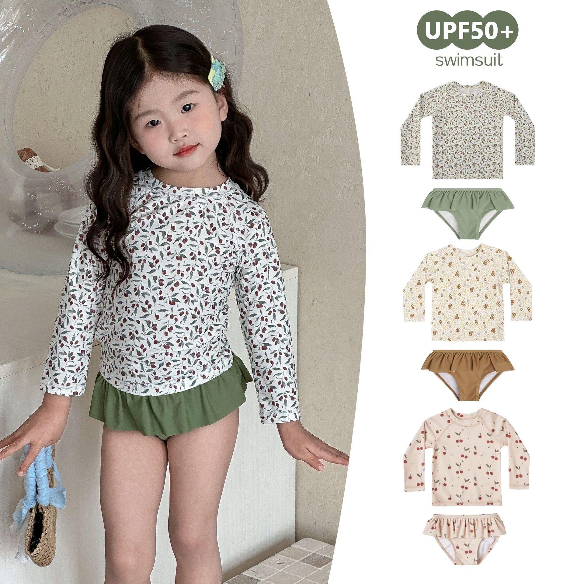 Ins-Style Cute Children's Two-Piece Swimsuit for Girls Aged 2-6, Long-Sleeve Sun-Protective Swimwear for Girls, Beach Swimwear