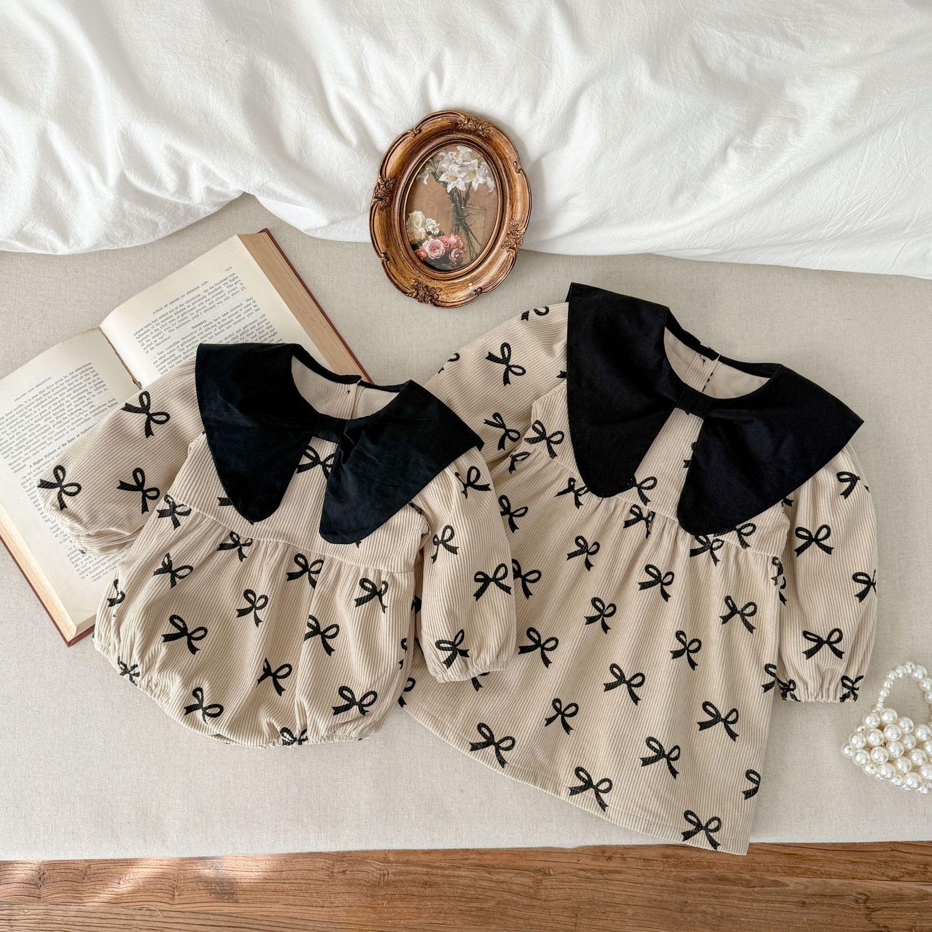 British Style Girls' Dress, New Spring, Autumn, and Winter Baby Romper with Bow Print and Long Sleeves for Girls