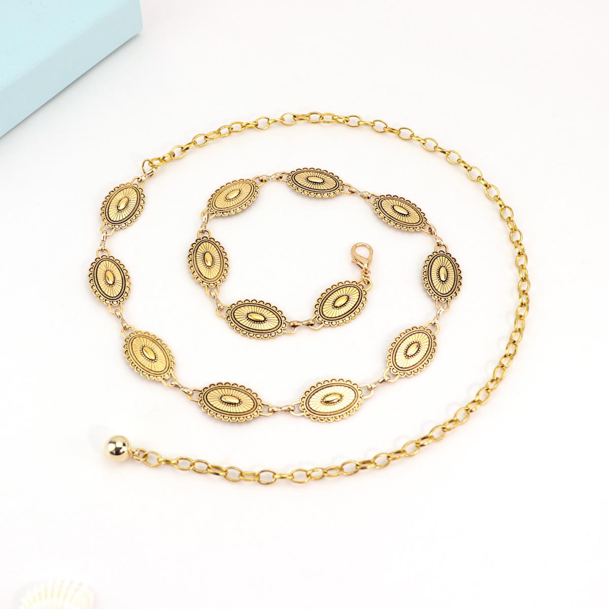 Small Daisy Embossed Oval Waist Chain for Women, Paired with a Skirt, Ethnic Style Decorative Waist Chain, Silver Belt Chain
